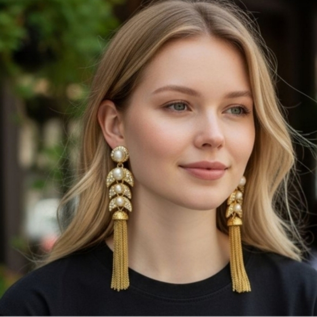 Magical Byzantine Gold Pearl Crystal Crescent Moon Chain Tassle Long Earrings 59$